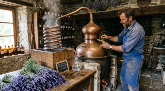 Distillateur artisan conduisant une distillation à la vapeur d'eau dans un alambic en cuivre traditionnel au sein d'un atelier français